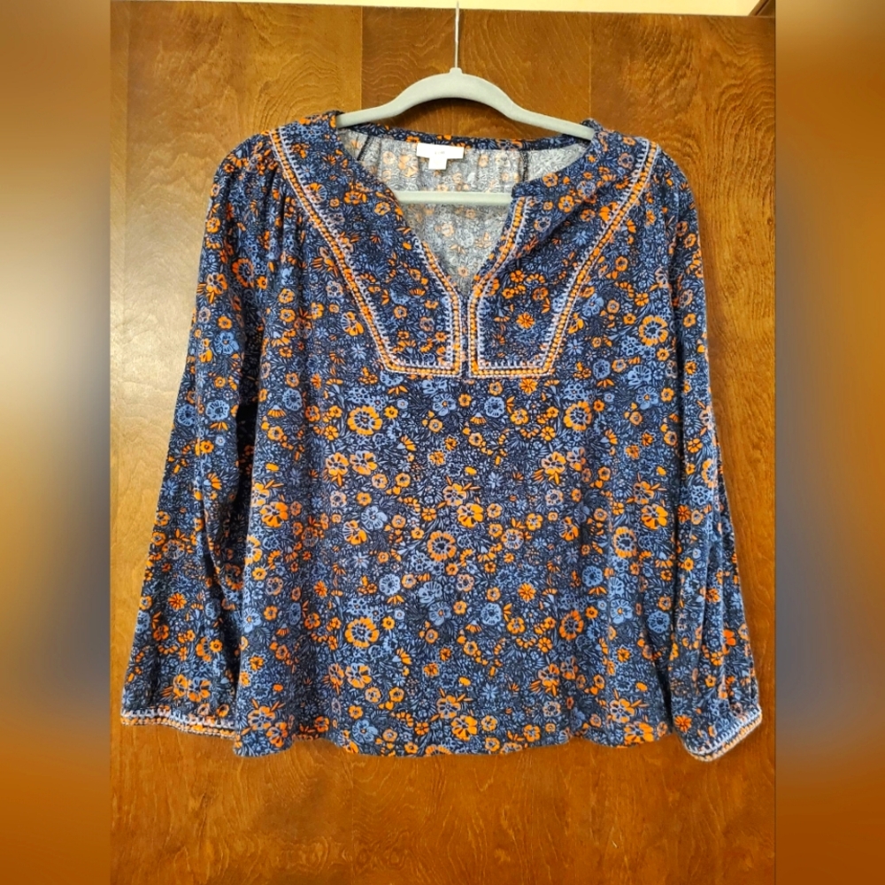 J Jill Orange and Blue Floral Blouse size Medium